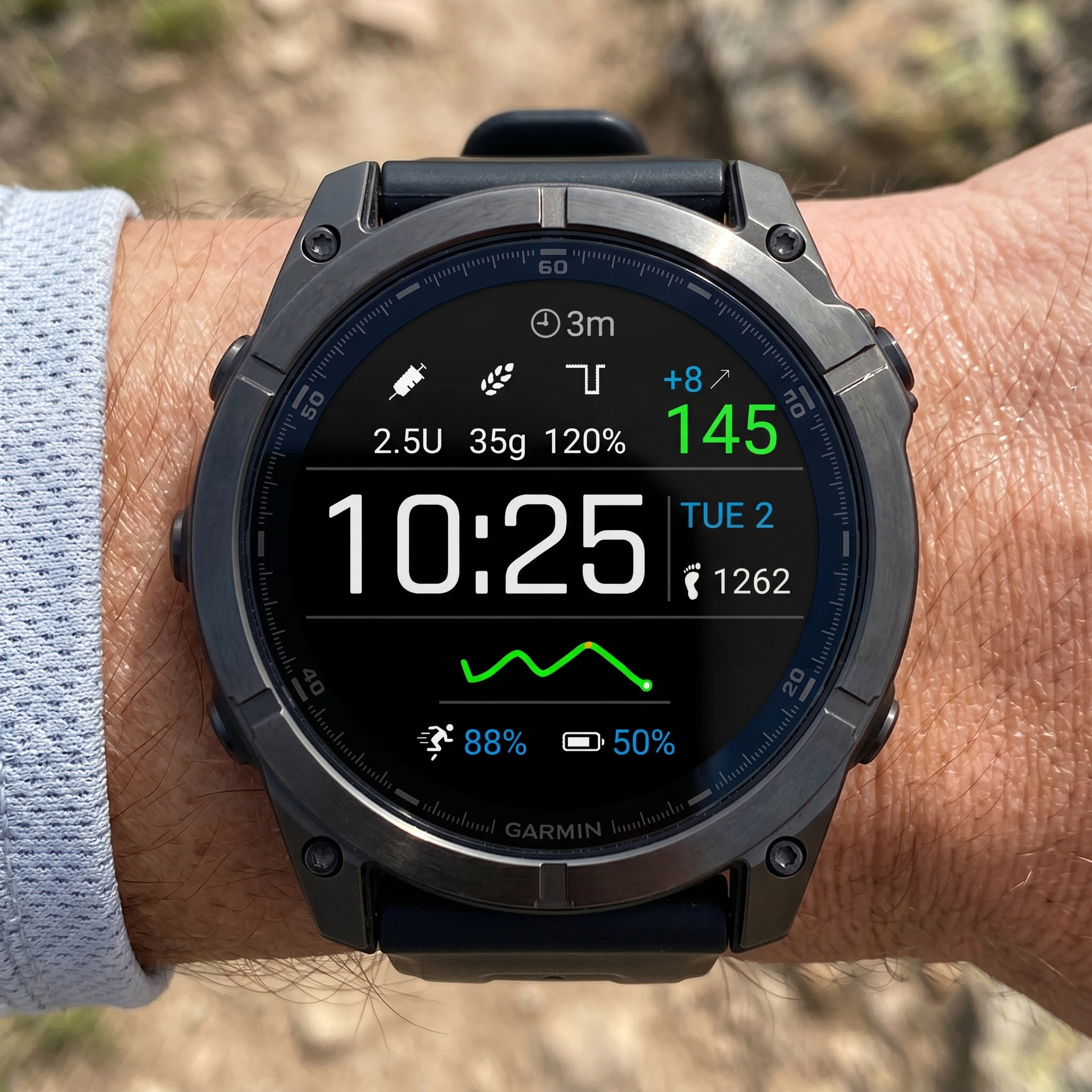 XDrip+/AAPS Watch Face shown on a Garmin watch