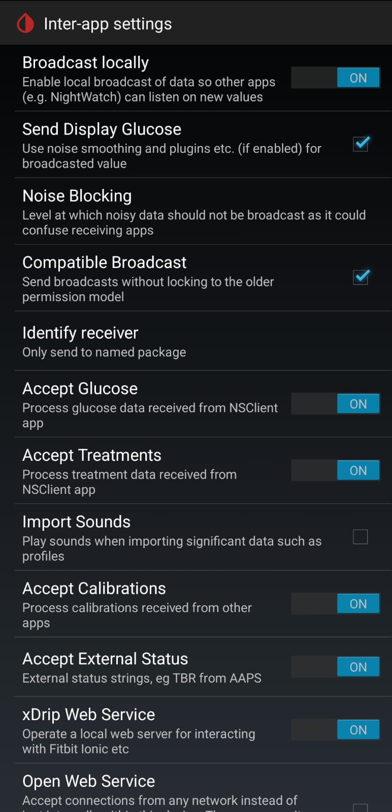xDrip+ Inter-App Settings — enable xDrip Web-Server